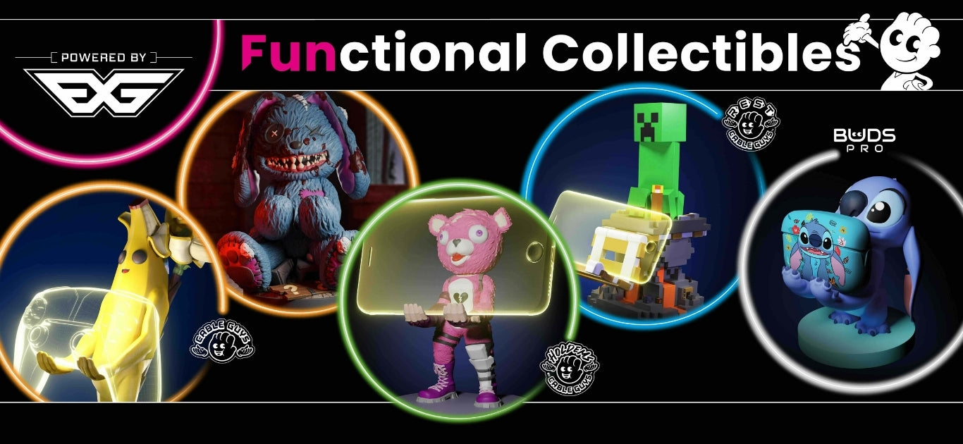Promotional banner for 'Functional Collectibles' featuring various collectible figures with EXG Pro branding.